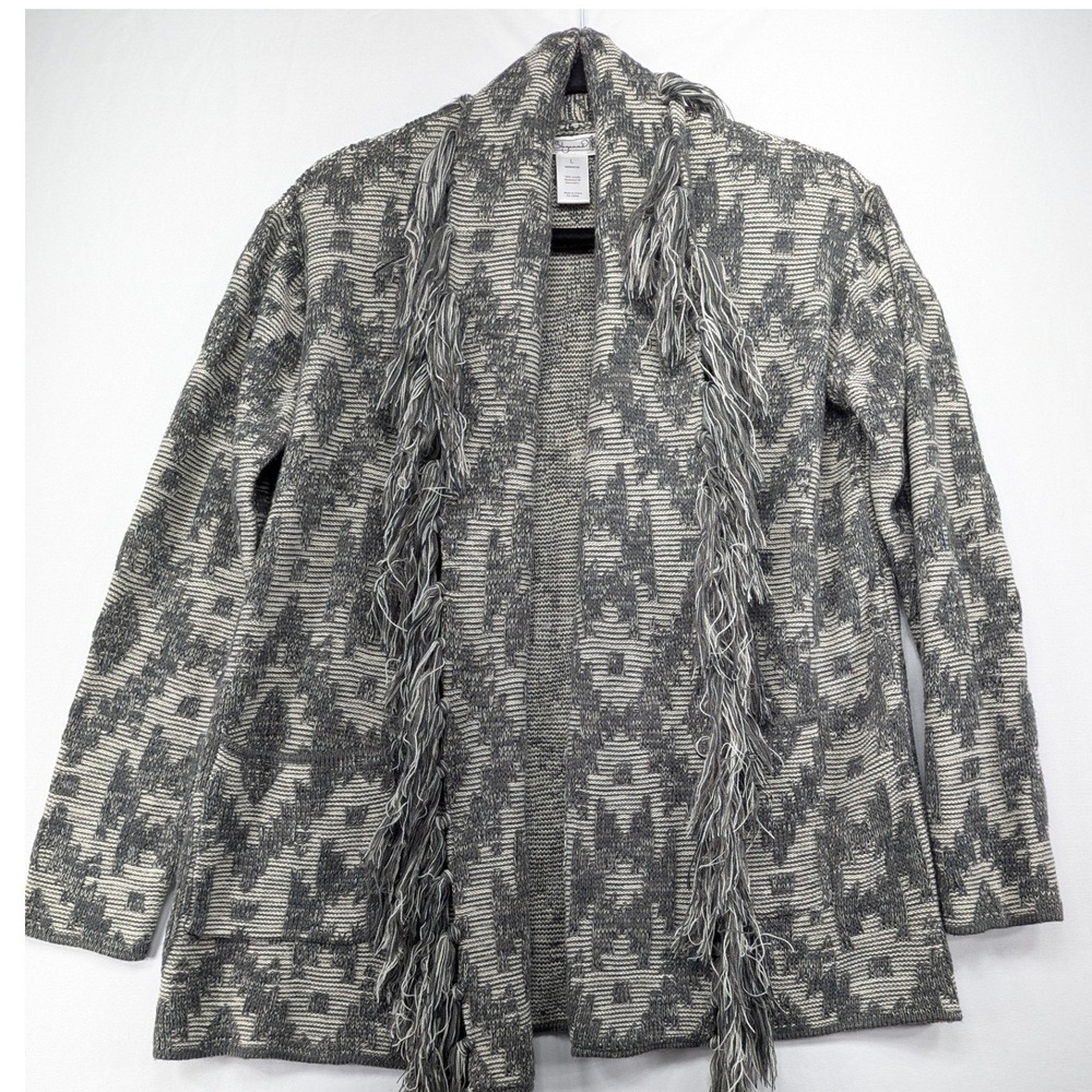 Shyanne Womens‎ Grey Geometric Southwestern Fringe Open Front Cardigan Size L